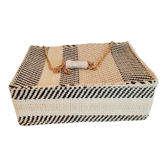 NEW WOVEN Handbag Straw & Natural fiber Striped Wooden Handles Chain Strap - Picture 4 of 9